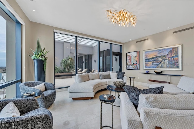 living room featuring an inviting chandelier