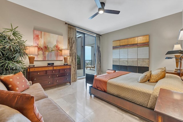 bedroom featuring access to exterior and ceiling fan