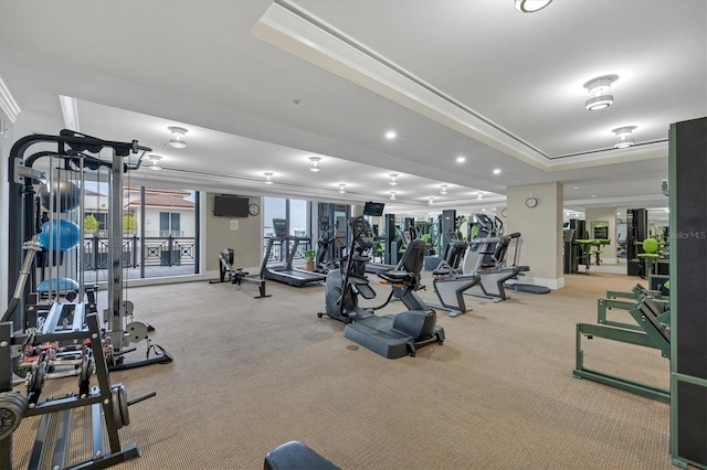 gym featuring a raised ceiling