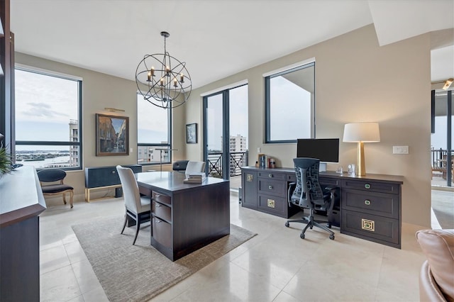 office space featuring a notable chandelier