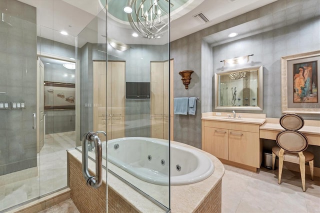 bathroom with vanity, plus walk in shower, and an inviting chandelier