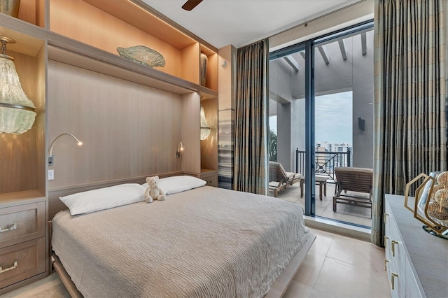 bedroom with access to outside, ceiling fan, and light tile patterned flooring