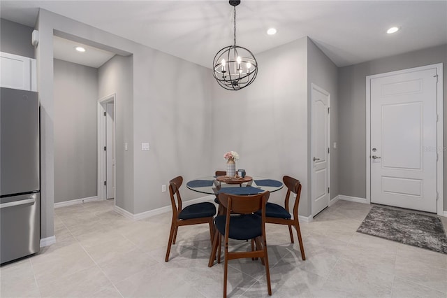 dining area featuring light tile patterned floors, baseboards, recessed lighting, and a chandelier