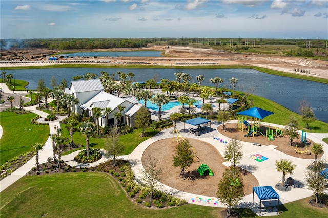 drone / aerial view with a water view