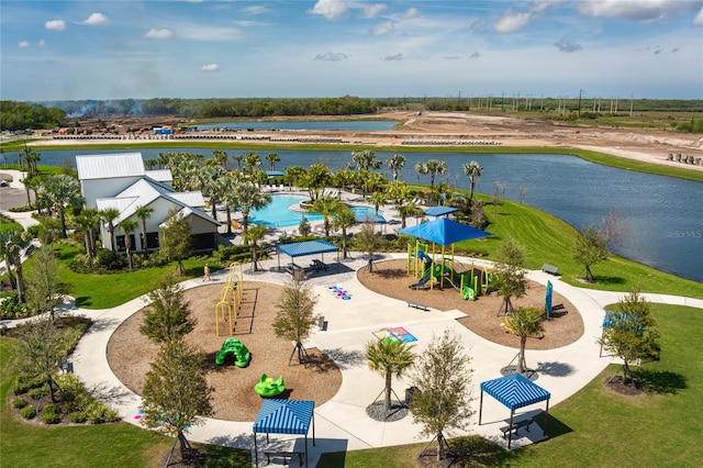 drone / aerial view featuring a water view