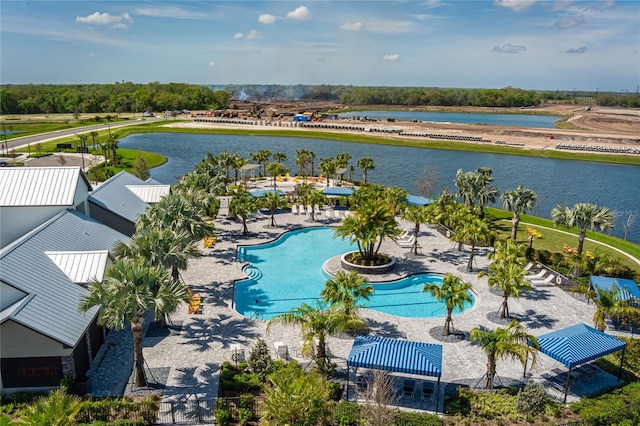 drone / aerial view with a water view