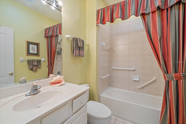 full bathroom with vanity, shower / tub combo, toilet, and tile patterned floors