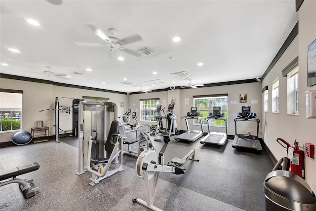 gym featuring ceiling fan and ornamental molding