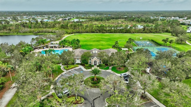 drone / aerial view with a water view