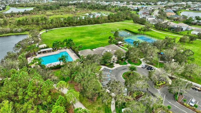 bird's eye view with a water view