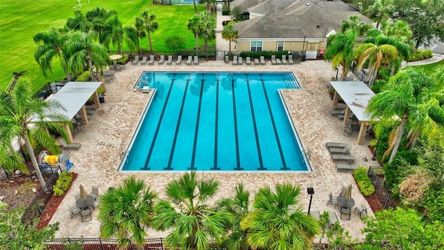 view of swimming pool featuring a patio area