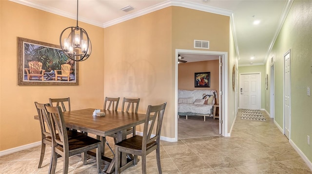 dining space featuring an inviting chandelier and crown molding