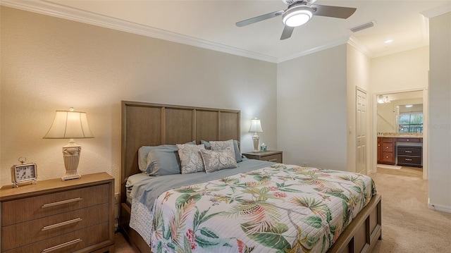 bedroom featuring ensuite bathroom, crown molding, ceiling fan, light colored carpet, and a closet