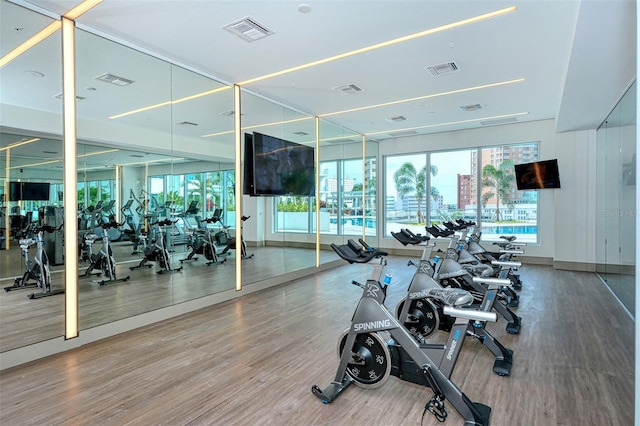 workout area featuring hardwood / wood-style floors