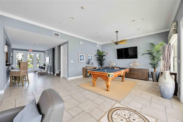 playroom with ceiling fan, pool table, and ornamental molding