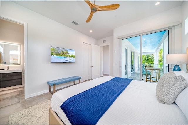 bedroom with ensuite bathroom, access to exterior, and ceiling fan