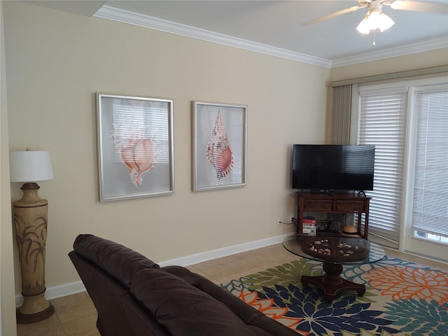 tiled living room featuring ceiling fan and ornamental molding