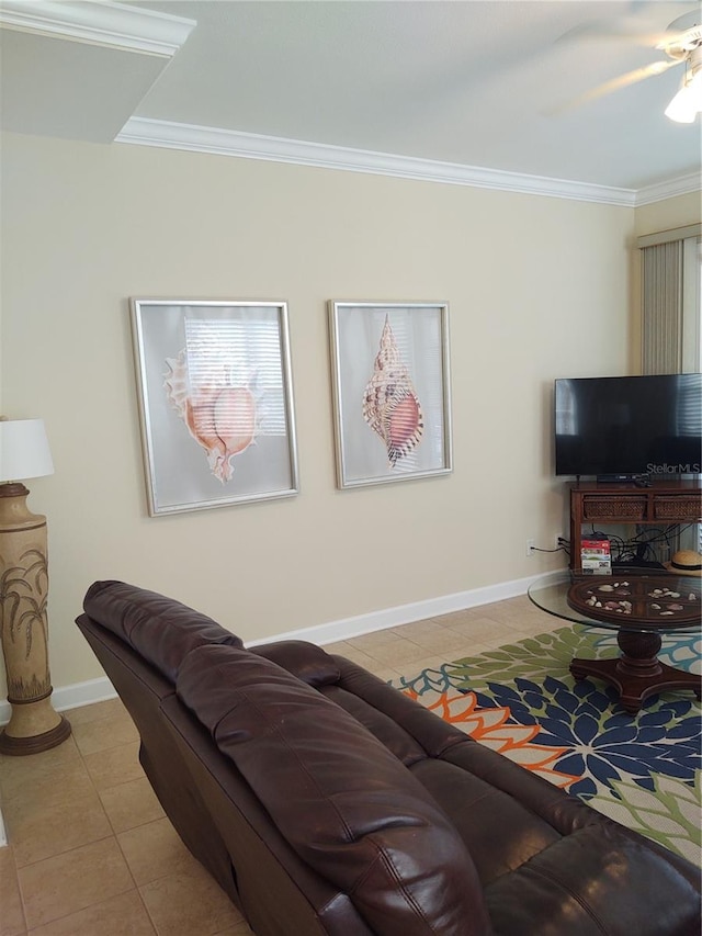 tiled living room featuring crown molding and ceiling fan