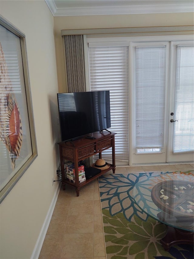 interior space featuring crown molding and light tile patterned floors