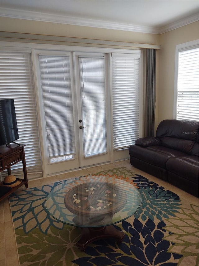 living room with ornamental molding