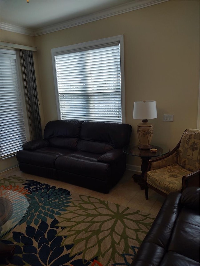 tiled living room with crown molding