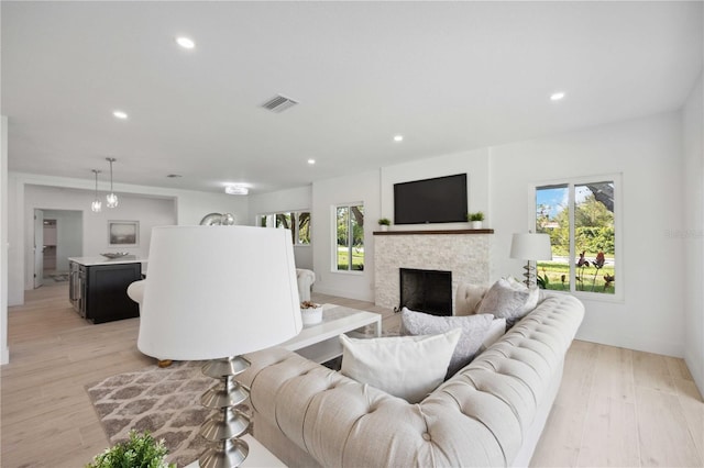 living room featuring light wood-type flooring, a wealth of natural light, and a fireplace