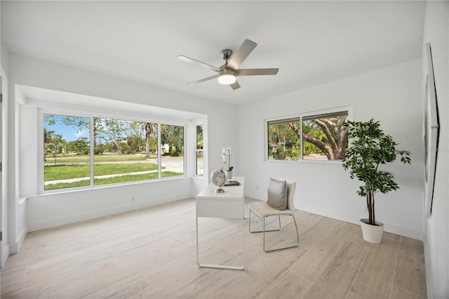 living area featuring ceiling fan, plenty of natural light, and light hardwood / wood-style flooring