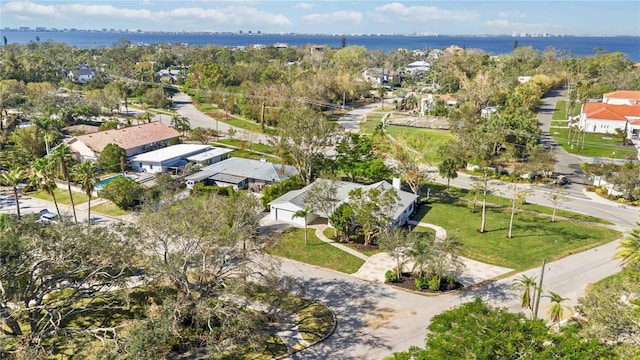 bird's eye view with a water view