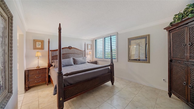 bedroom with a textured ceiling and ornamental molding