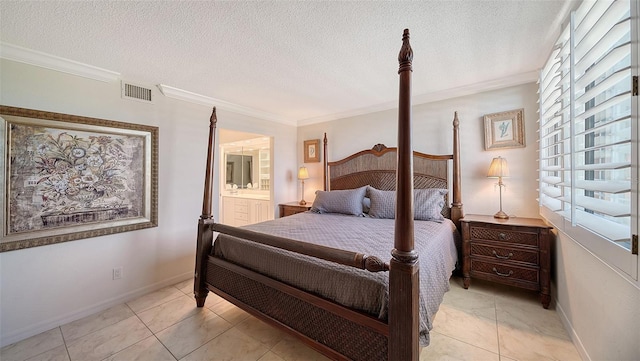 bedroom with connected bathroom, crown molding, light tile patterned flooring, and a textured ceiling