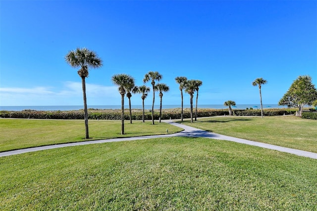 view of home's community featuring a water view and a lawn