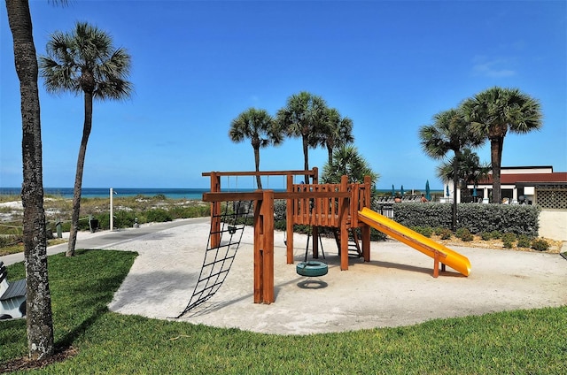 view of play area with a water view