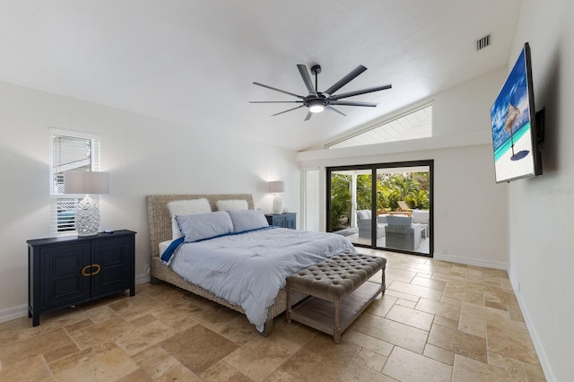 bedroom with vaulted ceiling, ceiling fan, and access to exterior