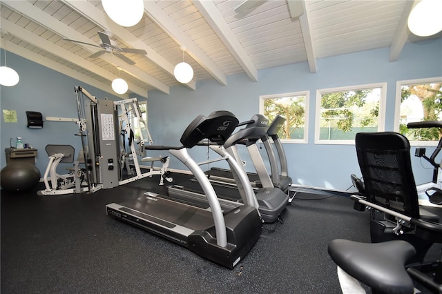 exercise room featuring ceiling fan and vaulted ceiling