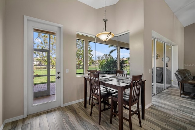 dining room with hardwood / wood-style floors and high vaulted ceiling