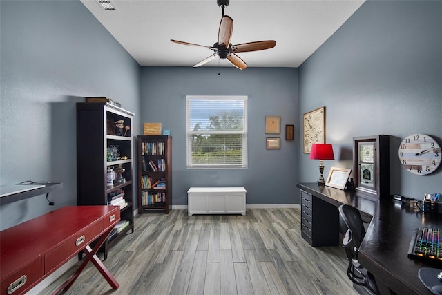 office area featuring ceiling fan and hardwood / wood-style floors