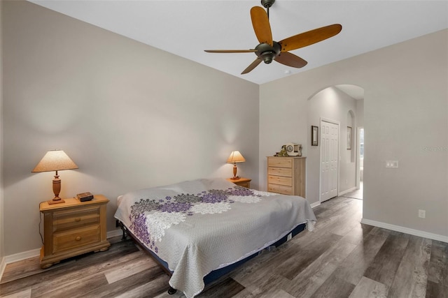 bedroom featuring a closet, ceiling fan, and dark hardwood / wood-style floors