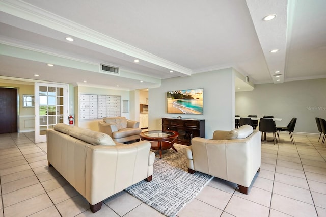 tiled living room with ornamental molding and mail boxes