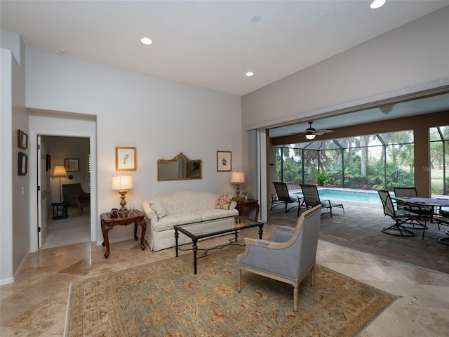 living room with ceiling fan