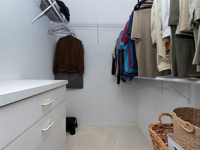 walk in closet featuring light carpet