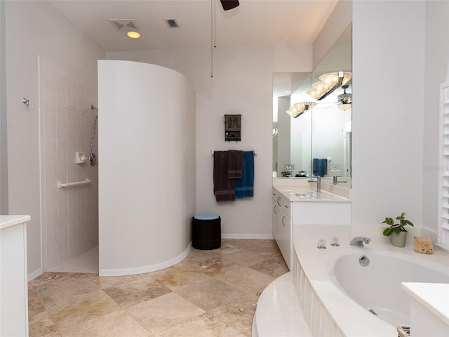 bathroom with shower with separate bathtub, vanity, and ceiling fan