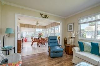 living room featuring crown molding, wood-type flooring, and ceiling fan