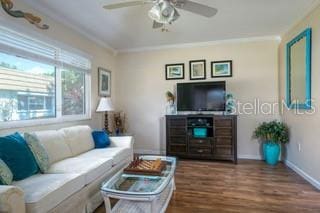 living room with crown molding, dark hardwood / wood-style floors, and ceiling fan