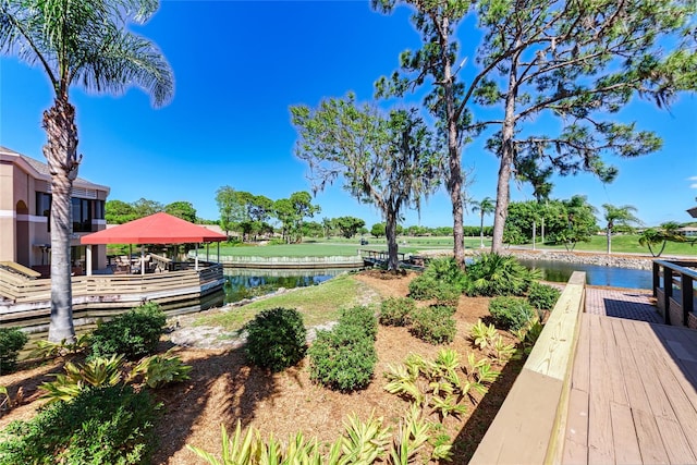 view of yard with a boat dock and a water view