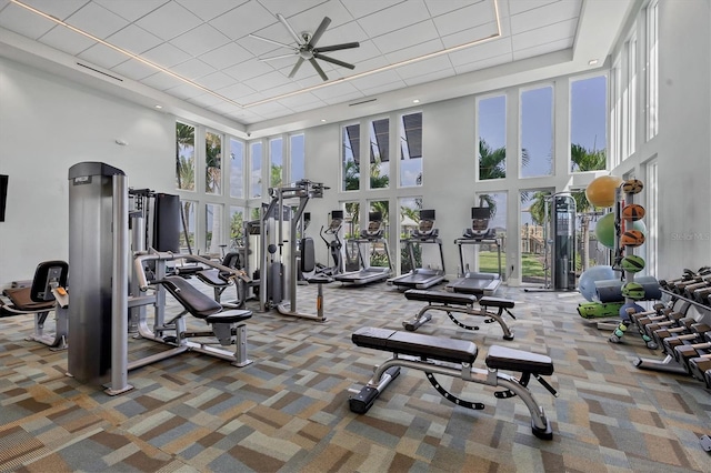 gym featuring ceiling fan, carpet floors, and a high ceiling