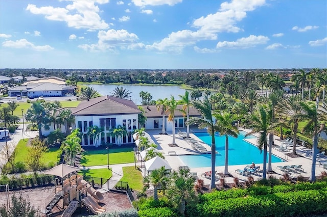 aerial view featuring a water view