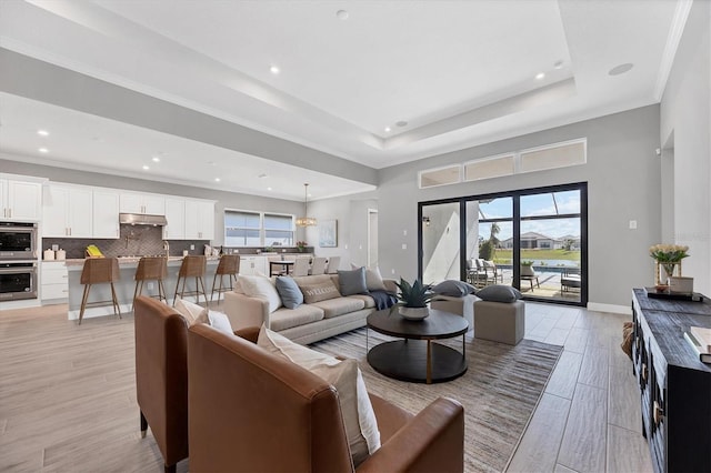 living room with crown molding, plenty of natural light, and a raised ceiling