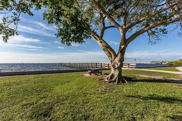 view of community featuring a water view and a lawn