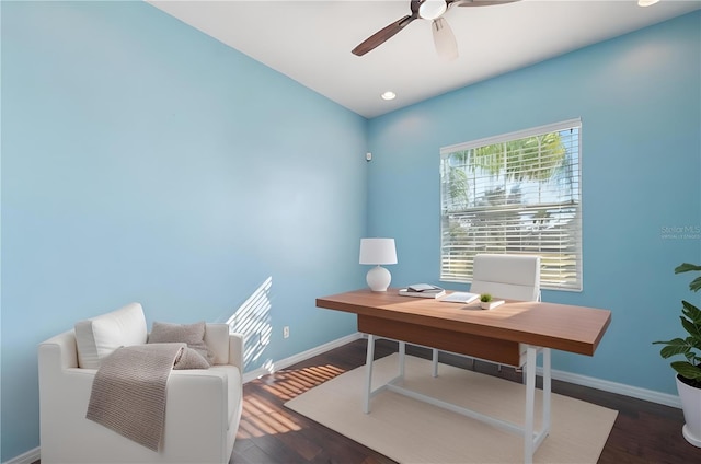 home office featuring ceiling fan and dark hardwood / wood-style flooring