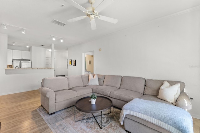 living room featuring ceiling fan, light wood-type flooring, and track lighting